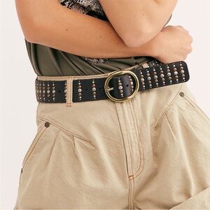 Free People Black Studded Leather Belt with Gold Buckle